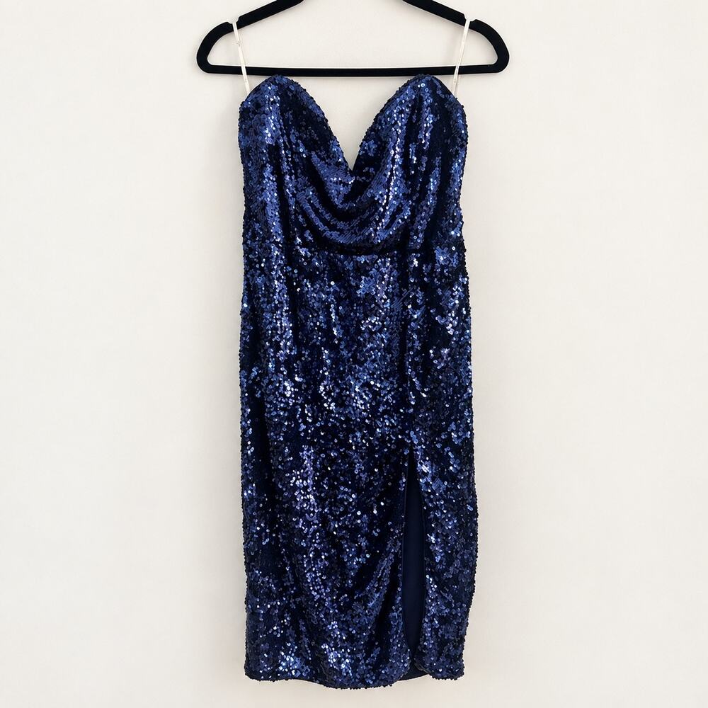 Lulus Small Navy Blue Sequin Strapless Bodycon Mini Cocktail Dress Holiday NYE